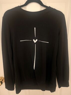 Black Long-Sleeve Tee with White Cross & Heart Graphic